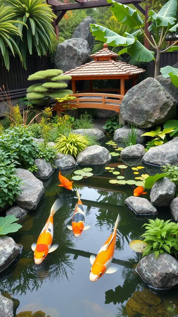 23 Stunning Dream Garden Ideas to Transform Your Outdoor Space 8 A serene Japanese koi pond with vibrant koi fish, surrounded by rocks and lush greenery, featuring a wooden bridge.