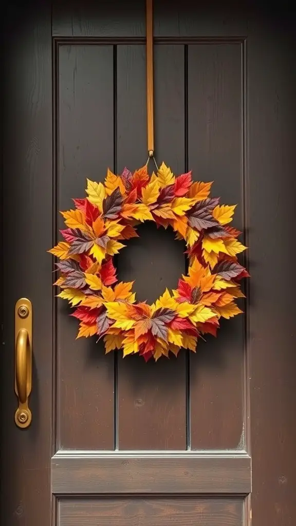 17 Creative Fall Leaves Decor Ideas for a Cozy Autumn Home 6 A vibrant leaf wreath in red, orange, and yellow hanging on a dark wooden door.