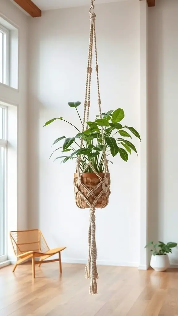 19 Stunning DIY Macrame Plant Hangers to Elevate Your Home Decor 13 A macrame plant hanger holding a large green plant, hanging from the ceiling in a bright room with wooden flooring and a chair.