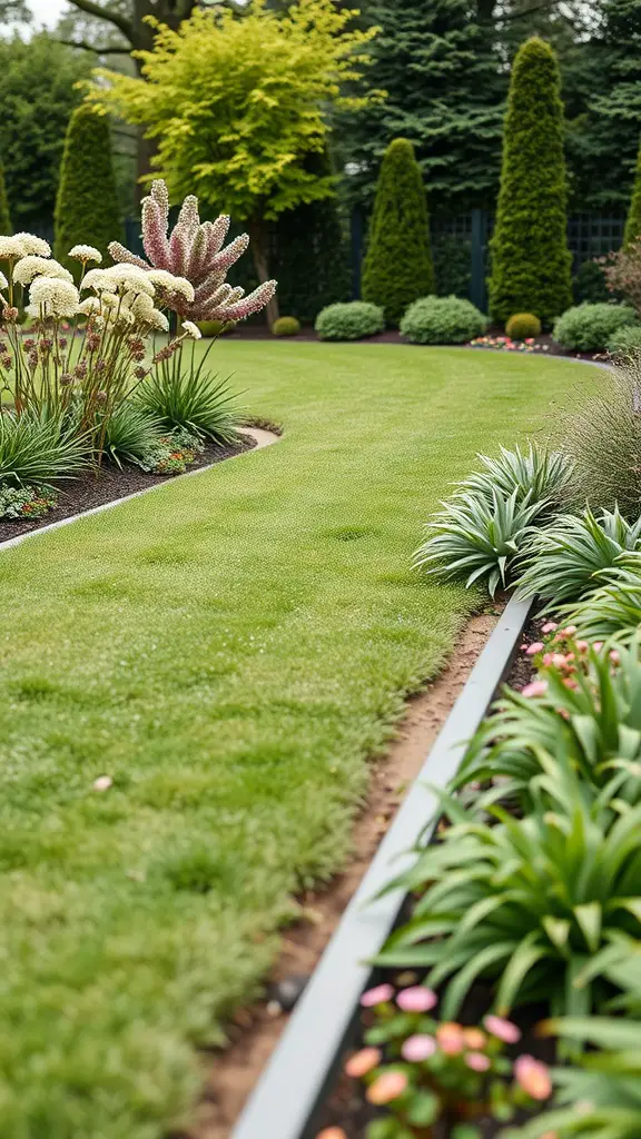 21 Creative Garden Border Ideas You Can Try Today 10 A garden featuring a well-maintained lawn bordered by sleek metal edges, with various plants and flowers.
