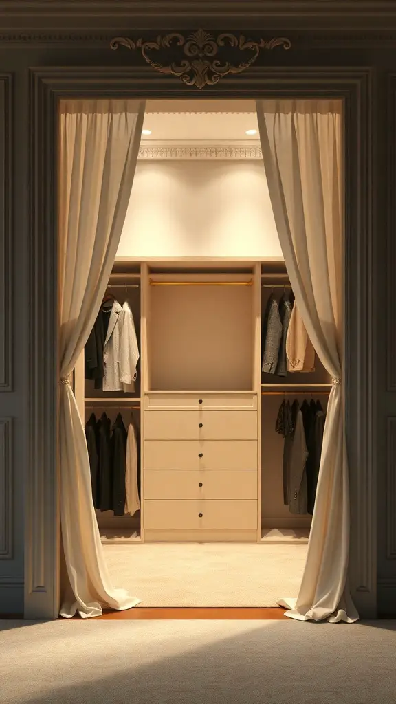 21 Creative Open Closet Ideas for Stylish Organization 5 An elegant open closet with drapes, showcasing neatly arranged clothing and drawers.