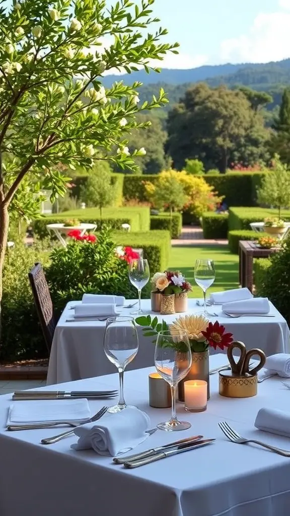 23 Stylish Outdoor Furniture Ideas for Your Dream Patio 2 Elegant outdoor dining setup with white tablecloths, glassware, and candlelight surrounded by greenery.