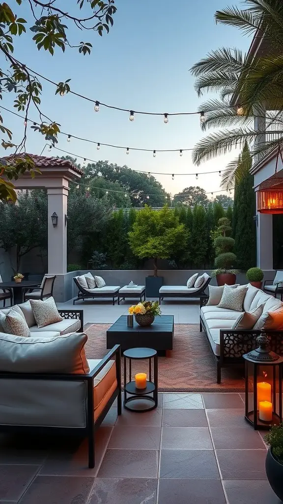 An elegant outdoor lounge area with comfortable seating, string lights, and greenery.