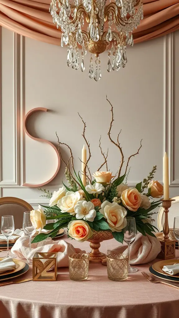 A wedding table centerpiece featuring silk flowers in peach and white, with gold accents and a pink tablecloth.