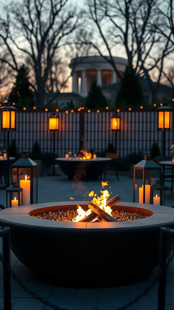A smokeless fire pit surrounded by lanterns and candles, with trees in the background.