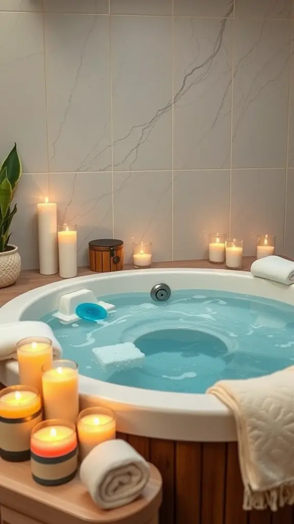 21 Amazing Hot Tub Backyard Ideas for Your Outdoor Oasis 5 A serene hot tub surrounded by candles and towels, creating a relaxing spa-like atmosphere.