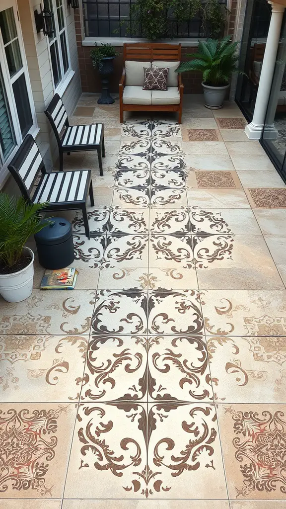 45 Creative Paint Ideas for Your Concrete Patio 8 A beautifully stenciled concrete patio with intricate patterns and surrounding furniture.