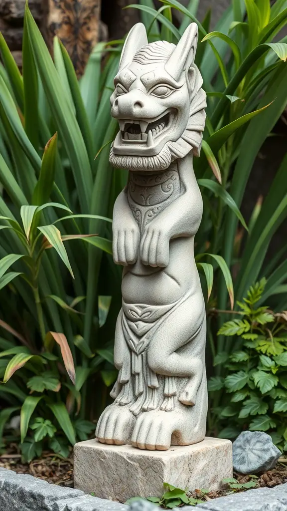 19 Stunning Garden Totems to Elevate Your Outdoor Space 5 A detailed stone carving of a mythical creature surrounded by green plants.
