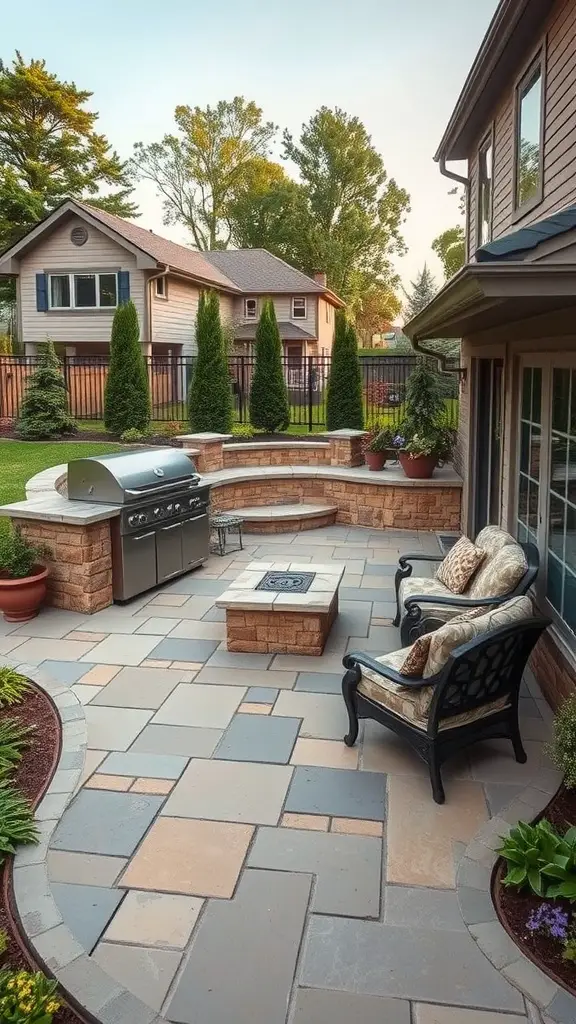 A beautiful stone patio with a grill, fire pit, and comfortable seating surrounded by greenery.
