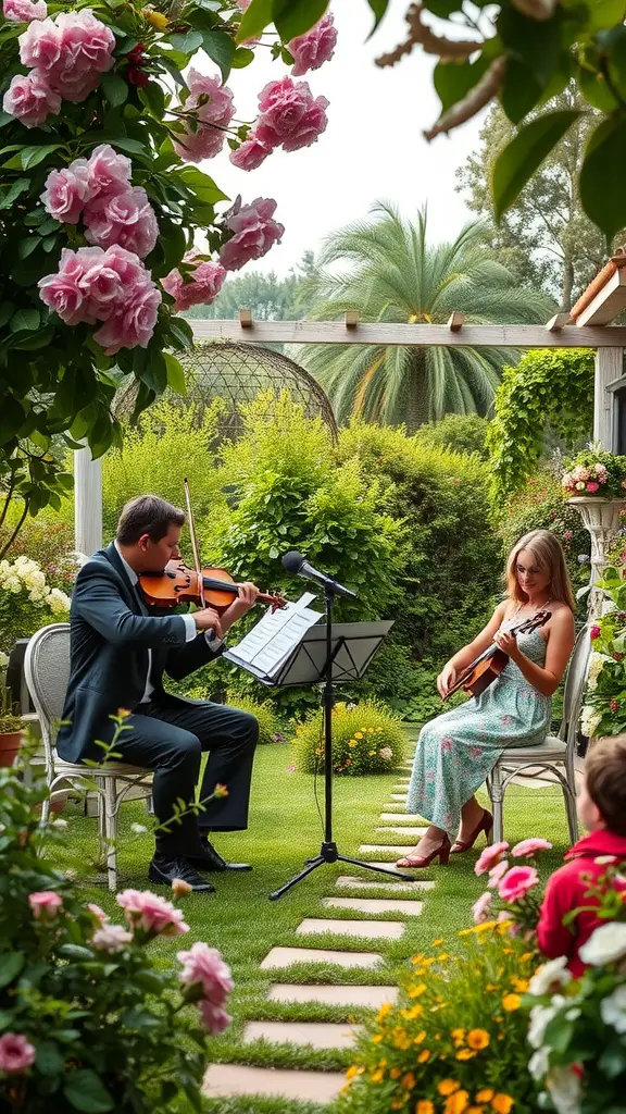 19 Whimsical Garden Party Ideas for Unforgettable Celebrations 26 A violinist and a young musician performing in a garden surrounded by flowers.