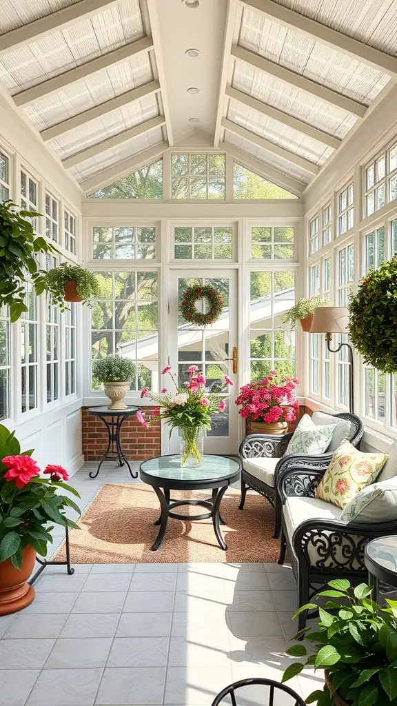 Bright and inviting sunroom with floral decorations and cozy seating.