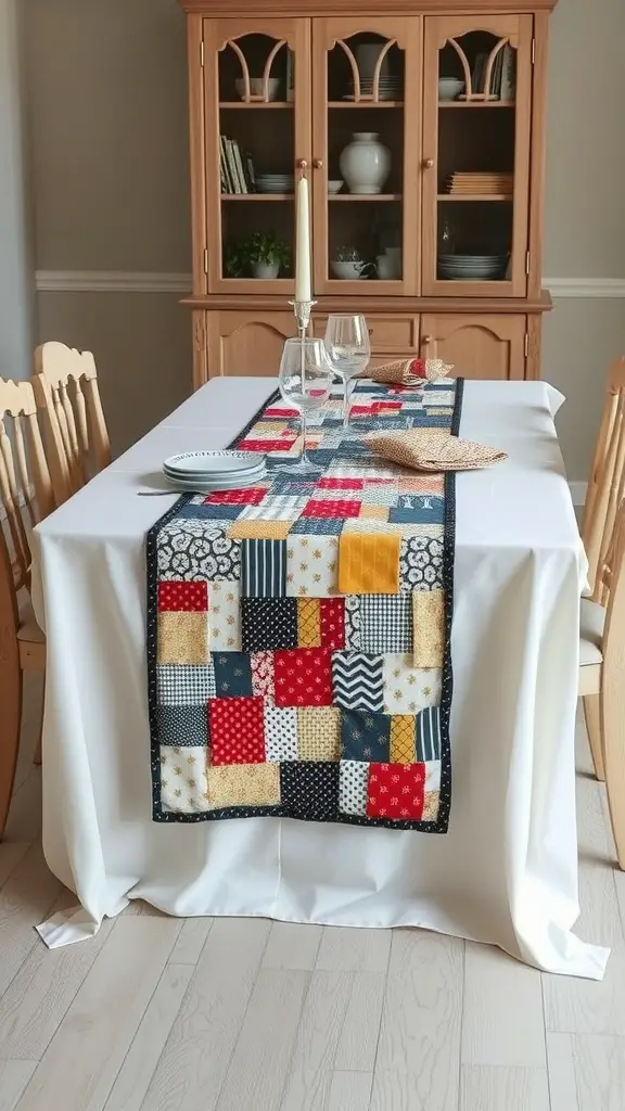 21 Creative Dollar Tree DIY Home Decor Ideas 11 A colorful patchwork table runner on a dining table with a wooden cabinet in the background.