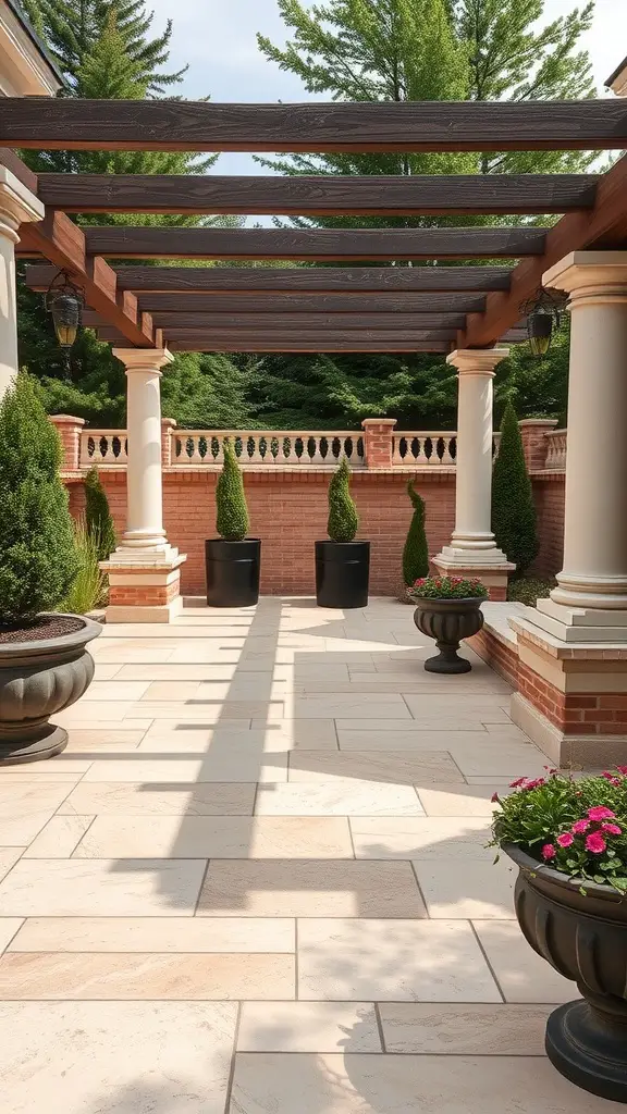 29 Stunning Outdoor Paver Patio Ideas to Transform Your Backyard 2 A beautiful outdoor patio with travertine flooring, a wooden pergola, and potted plants.