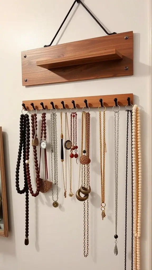 Wall-mounted jewelry organizer with a wooden shelf and hooks for necklaces