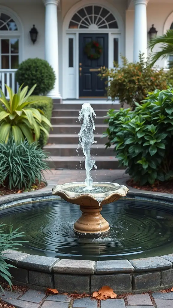 17 Stunning Front Yard Landscaping Ideas for a Beautiful Home Exterior 10 A beautiful fountain surrounded by greenery in front of a home.