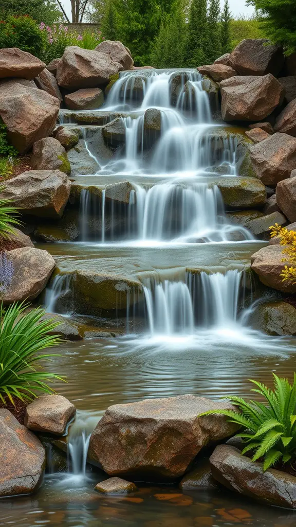 A beautiful waterfall flowing over rocks surrounded by greenery.