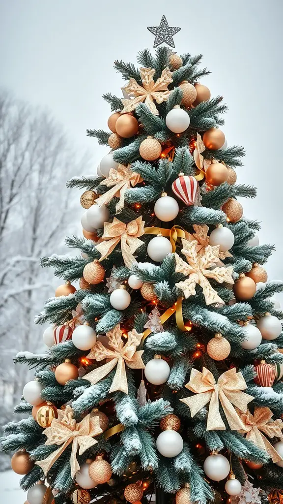 21 Creative Christmas Tree Ideas for a Cozy Fall Celebration 6 A beautifully decorated Christmas tree with white and gold ornaments, featuring bows and a sparkling star on top.