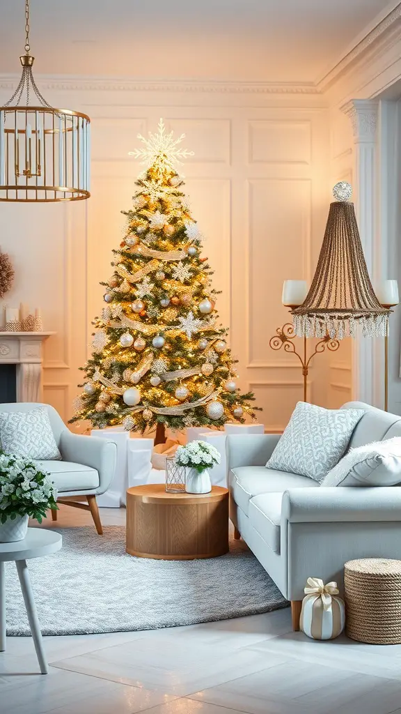21+ Creative Christmas Decoration Ideas for a Festive Home 5 A cozy living room decorated for Christmas with a white and gold theme, featuring a beautifully lit Christmas tree.