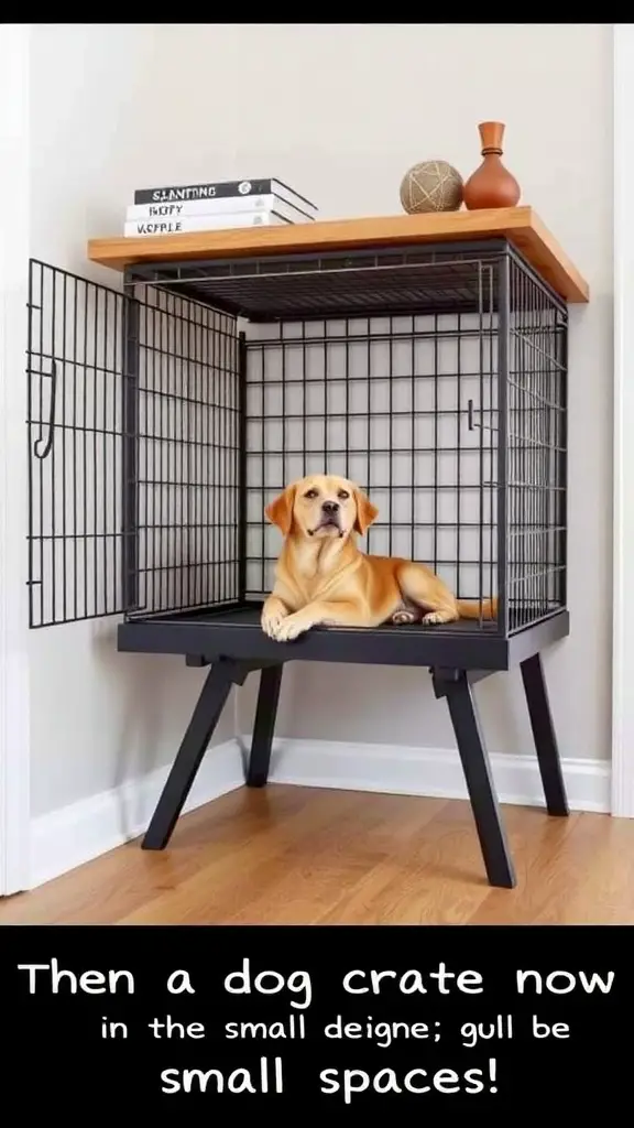 17+ Creative Dog Crate Ideas for Stylish Pet Spaces 12 An elevated dog crate designed for small spaces, featuring a cozy interior and a top surface for storage.
