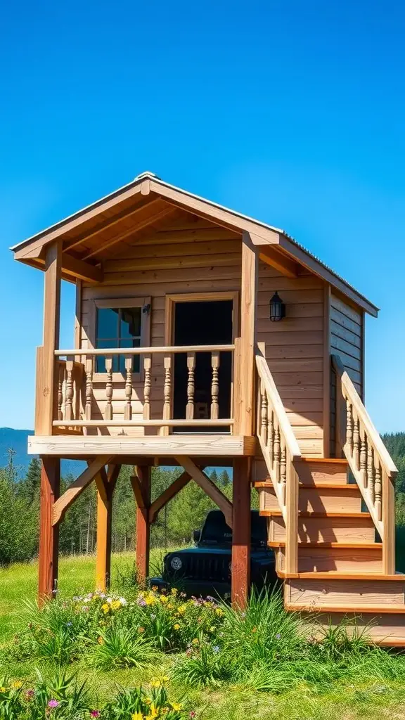 17+ Creative Outside Dog House Ideas for Your Furry Friend 9 A wooden elevated dog house with a deck, surrounded by flowers and greenery.