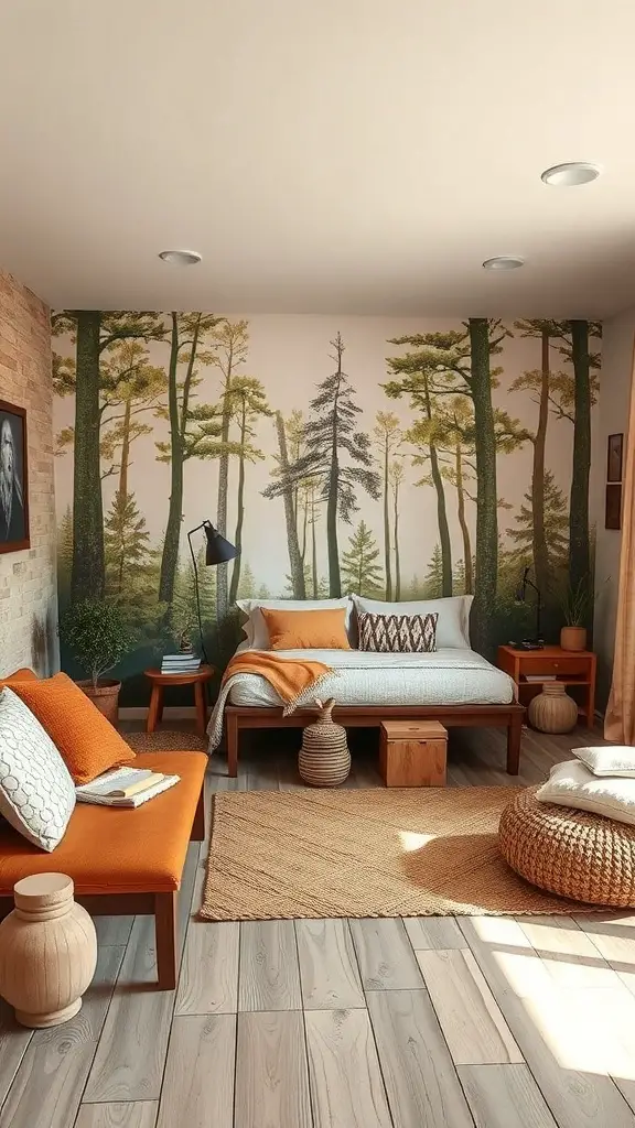 A cozy bedroom featuring a forest mural, earthy tones, and natural decor.