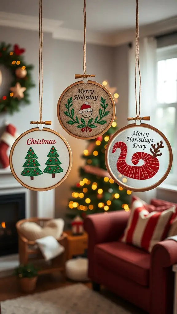 Three handmade embroidery hoop ornaments with Christmas designs hanging in a cozy living room