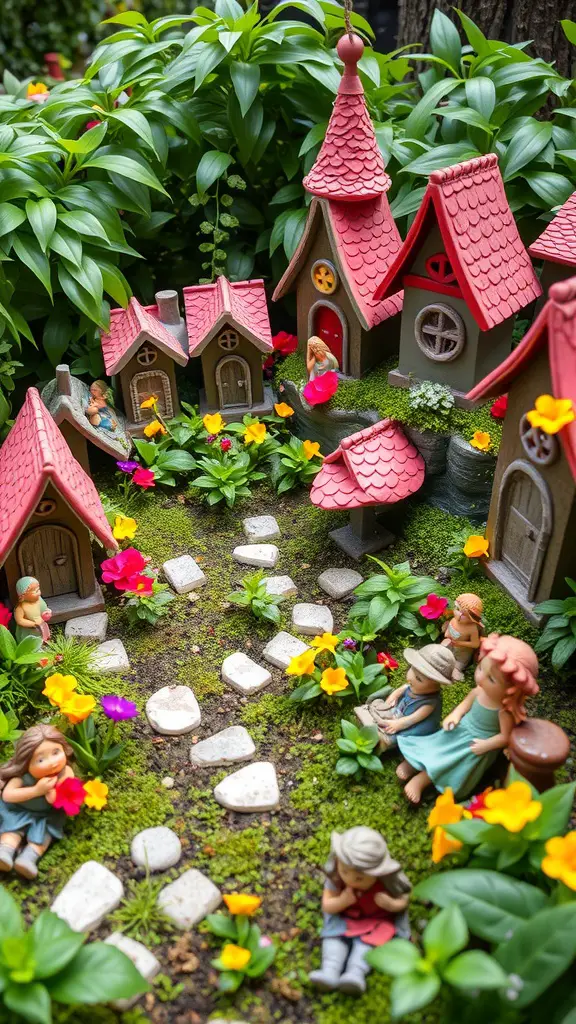 A vibrant fairy garden with miniature houses, colorful flowers, and playful figurines.