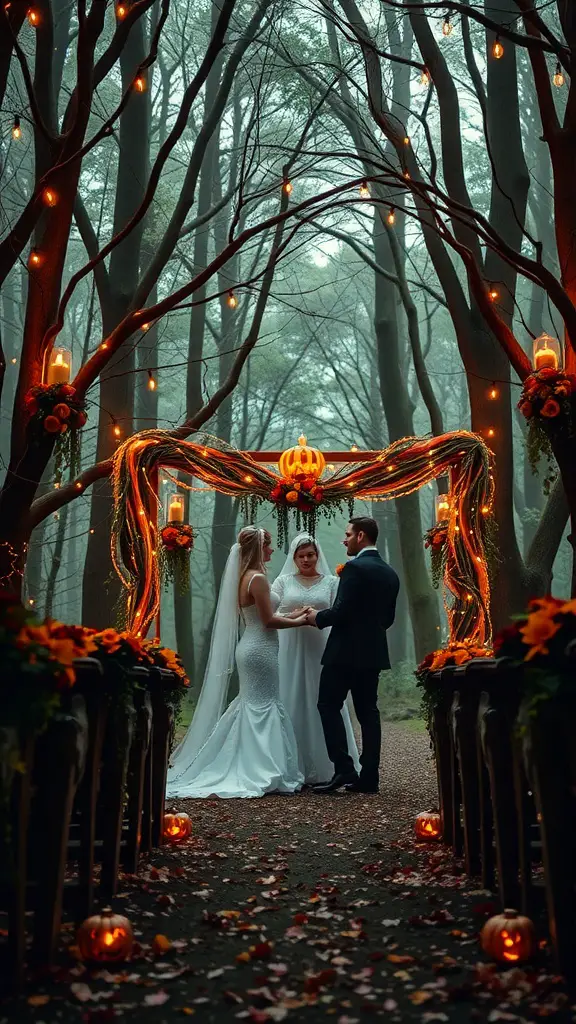A couple exchanging vows in a forest setting decorated for a Halloween wedding, with pumpkins and warm lights.