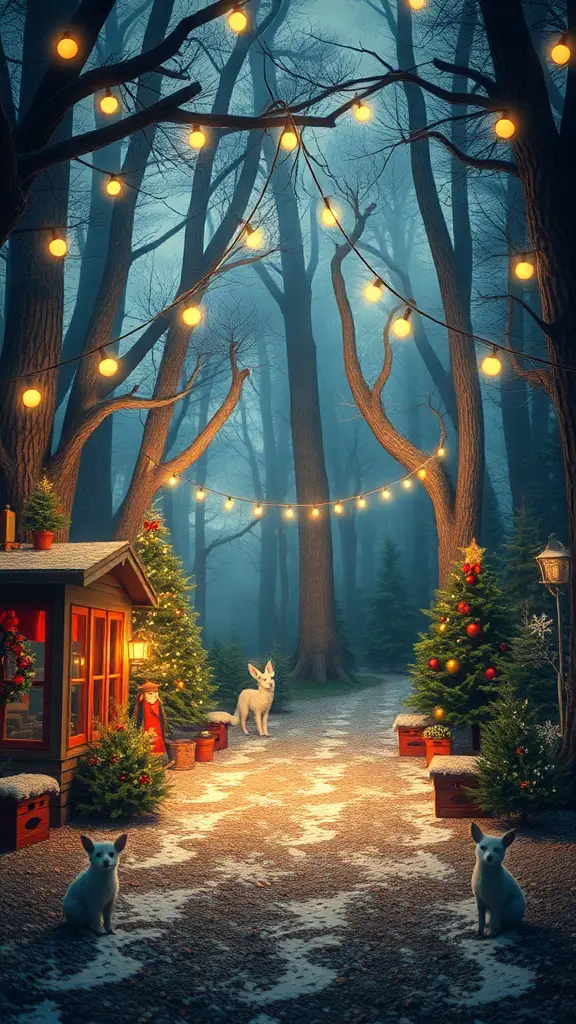 15 Creative Christmas Party Theme Ideas for Your Holiday Celebration 15 A magical forest scene with glowing lights, a cozy cabin, and festive decorations.