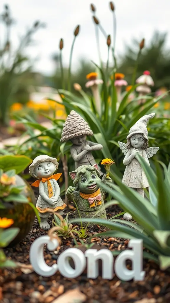 19 Enchanted Garden Ideas to Transform Your Outdoor Space 10 A collection of whimsical garden statues among flowers, featuring a girl, a creature, and a fairy.