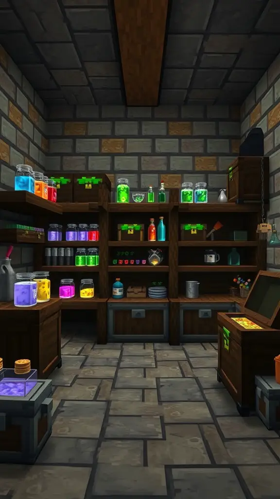 19 Creative Minecraft Storage Room Ideas You Need to Try 4 A Minecraft storage room with shelves filled with colorful potion jars and various storage containers.