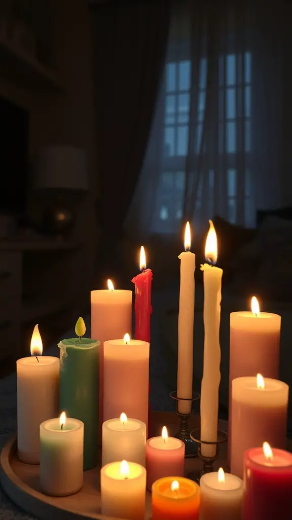 A collection of candles in various colors and sizes, lit and arranged on a wooden tray, creating a cozy atmosphere.