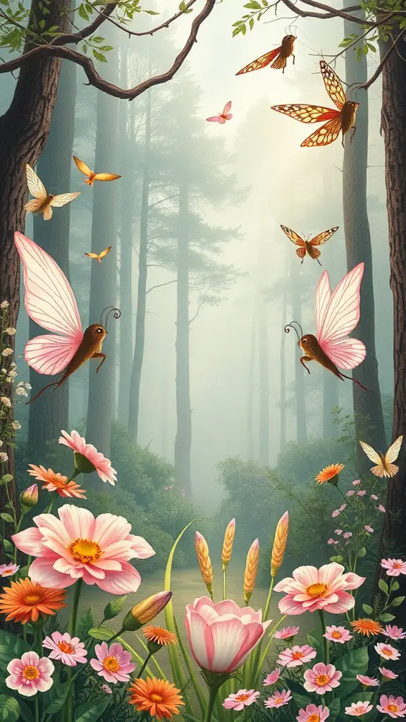 A serene forest scene with colorful flowers and butterflies, evoking a magical fairy garden atmosphere.