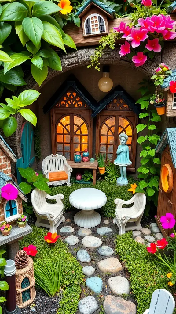 23 Stunning Dream Garden Ideas to Transform Your Outdoor Space 7 A cozy fairy garden nook with white chairs, a round table, colorful flowers, and miniature houses.