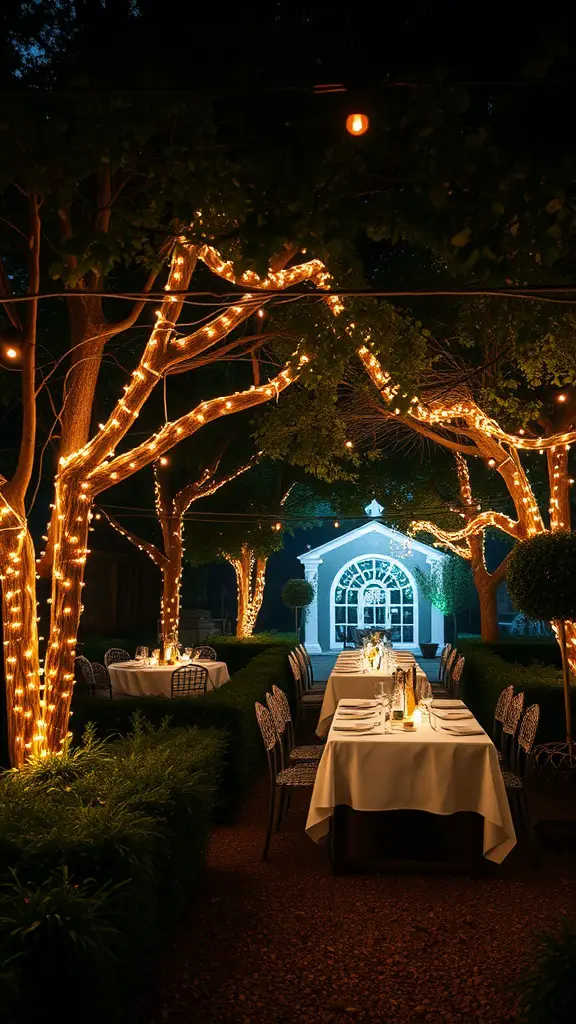 19 Whimsical Garden Party Ideas for Unforgettable Celebrations 5 A beautifully lit garden party with fairy lights wrapped around trees and elegantly set tables.