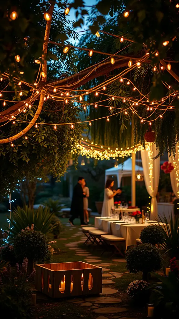 19 Whimsical Garden Party Ideas for Unforgettable Celebrations 19 A garden party scene featuring a canopy of fairy lights, a dining table, and guests enjoying the evening.