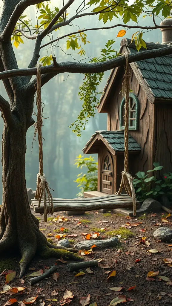 A fairy swing hanging from a tree branch next to a whimsical fairy house.