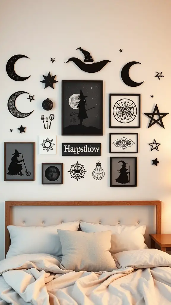 A witchy bedroom wall featuring black and white art, including witches, moons, and stars.
