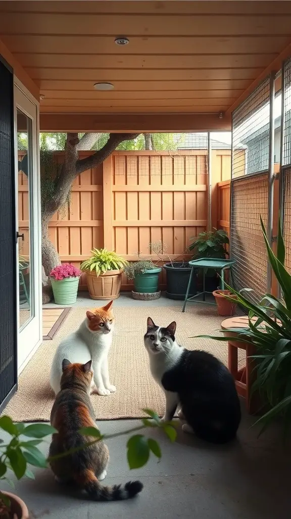 21 Creative Cat Friendly Patio Ideas for the Purrfect Outdoor Space 7 Three cats in an enclosed patio with plants and cozy seating.