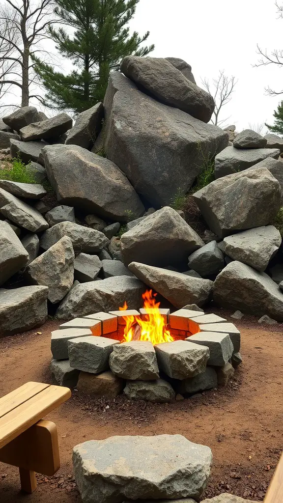 A fire pit surrounded by large boulders, with flames visible and a wooden bench nearby.