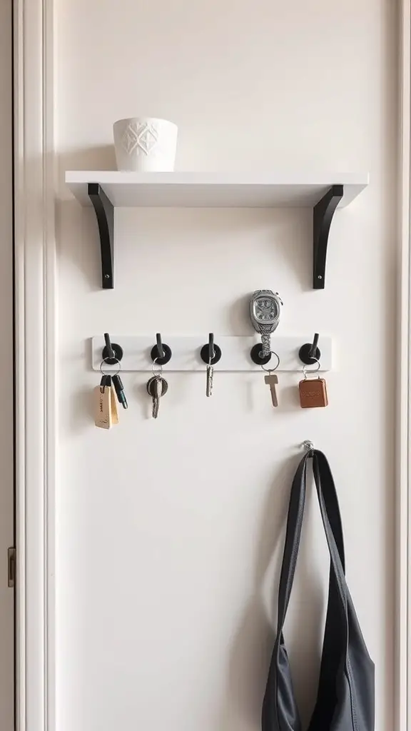 Entryway hooks with a shelf displaying a decorative pot and various keys.