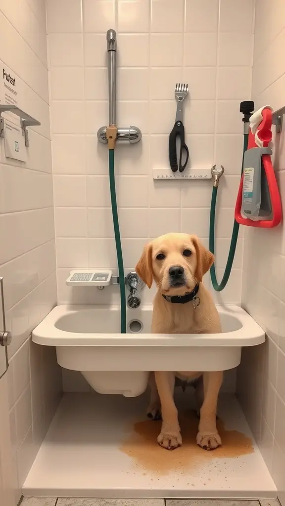 21+ Essential Items for a Perfect Dog Washing Station 6 A dog washing station with a yellow lab sitting in a tub, equipped with grooming tools and a showerhead.