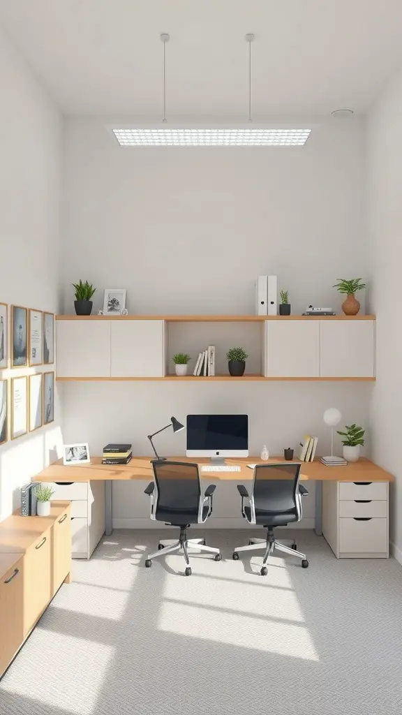 A bright, organized small office space with two desks, plants, and overhead lighting.