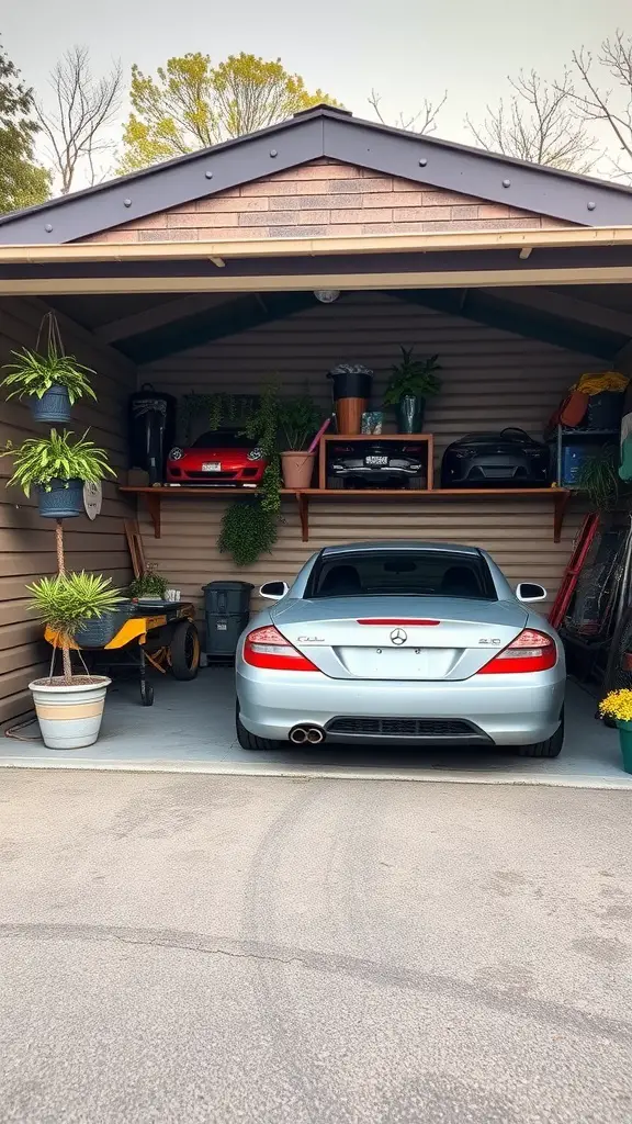 A well-organized two-car garage with a sleek car, gardening supplies, and tools on shelves.