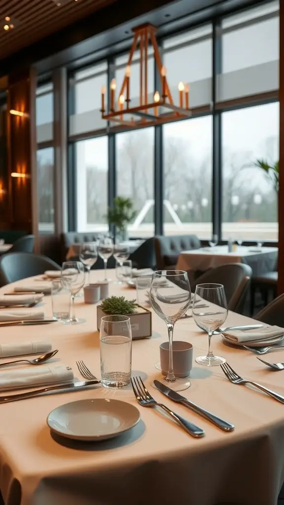 17 Creative Silent Auction Ideas to Boost Your Fundraising Event 7 Elegant dining setup in a restaurant with a chandelier and large windows