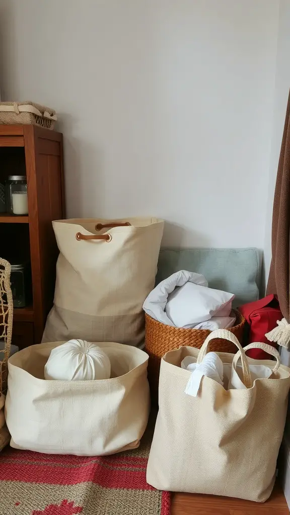 A collection of fabric baskets in various sizes and shapes, filled with items like blankets and pillows, creating a cozy storage solution.