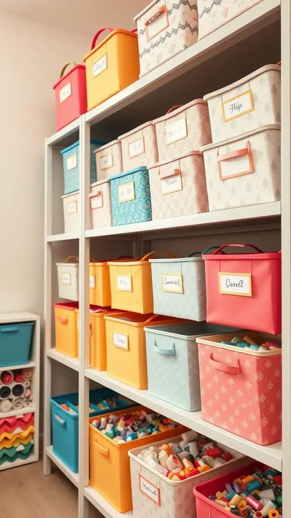 Colorful fabric bins neatly organized on shelves in a craft room