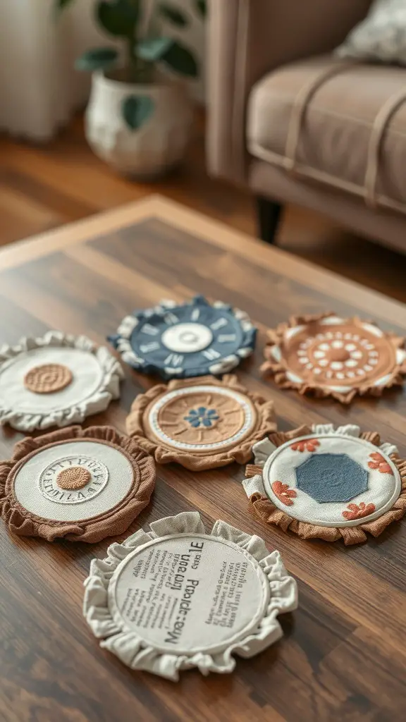 21+ Creative Scrap Fabric Projects You Can Make Today 6 An assortment of colorful fabric coasters arranged on a wooden table.