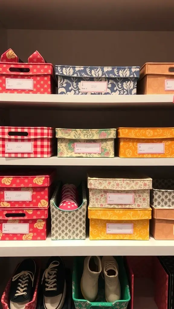 19 Creative DIY Storage Box Ideas You Need to Try 8 Colorful fabric covered shoe boxes on a shelf, showcasing various patterns and labels.