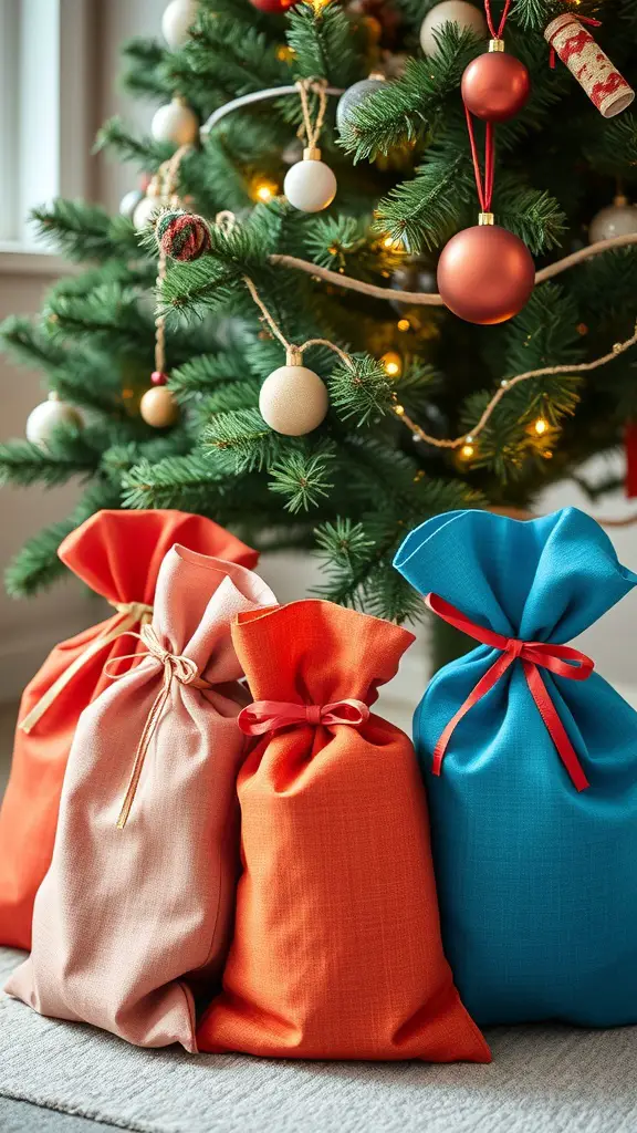 Three colorful fabric gift bags in front of a Christmas tree